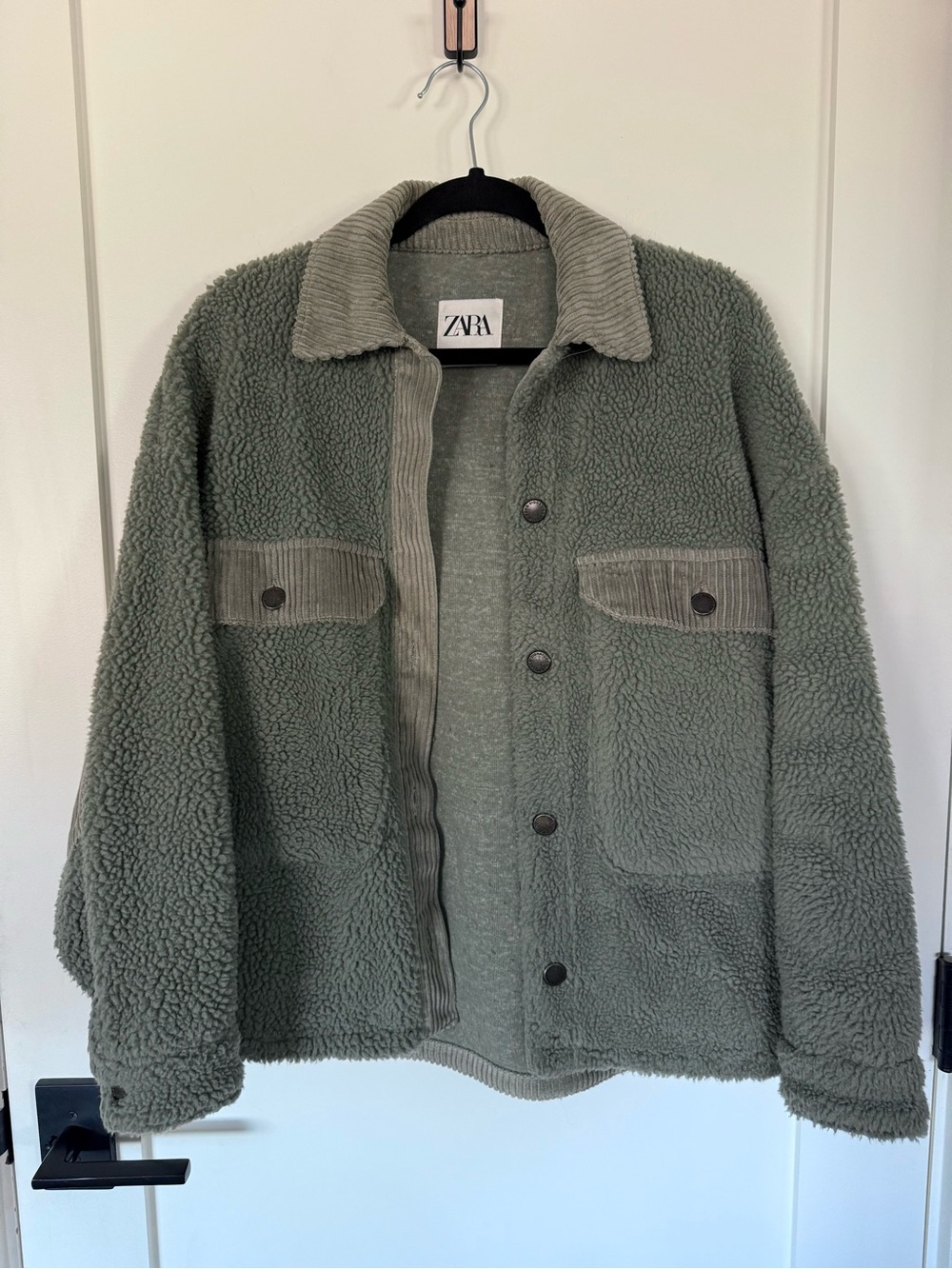 ZARA Sage Green Sherpa Jacket with Corduroy Trim